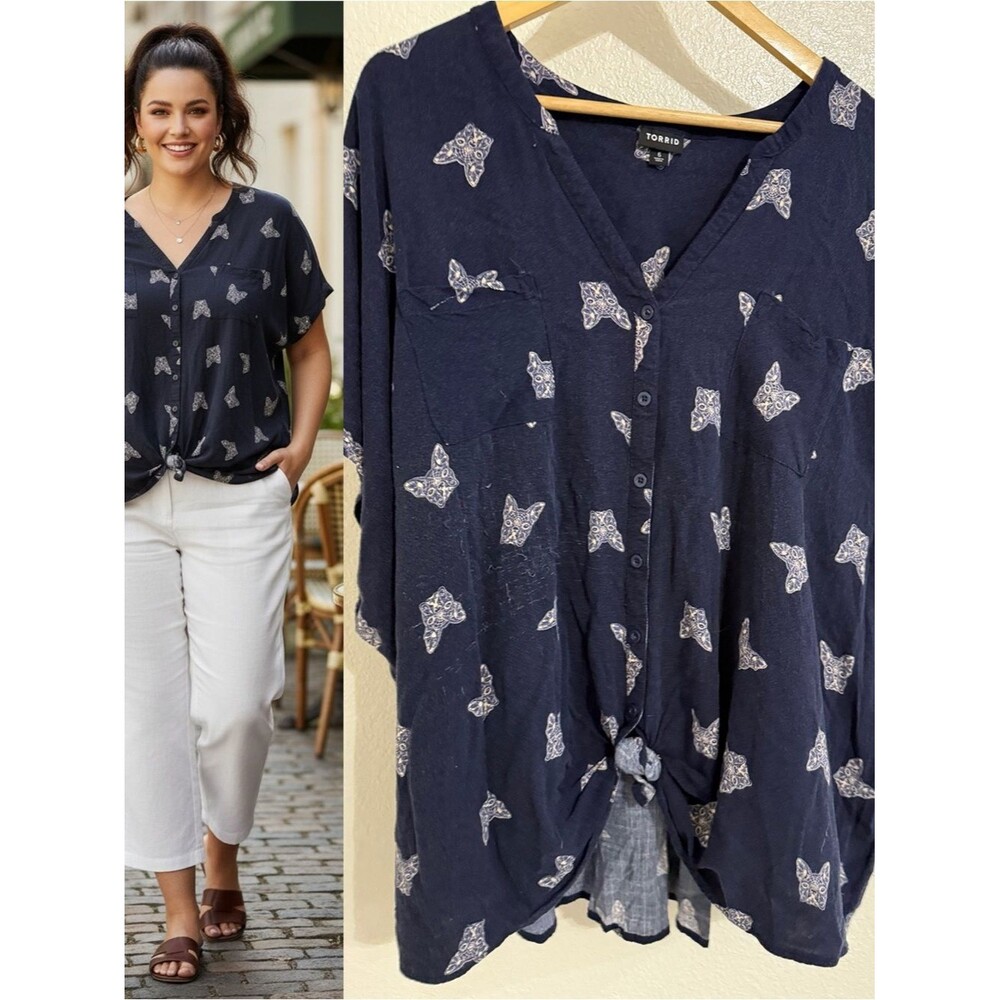 Torrid Navy Dog Print Tie Front Blouse Women’s Size 6 Plus Size Frenchie Top